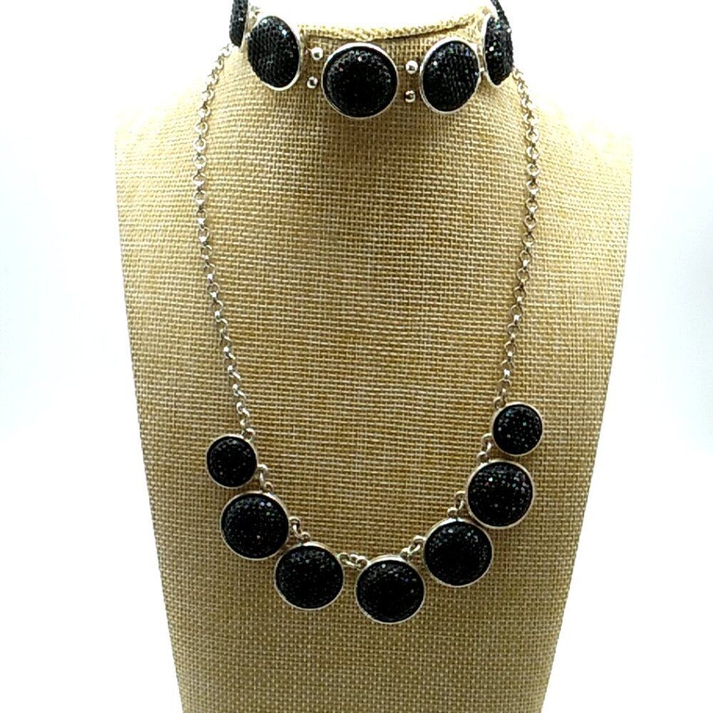 Black & Silver-tone Faux Druzy Necklace & Stretch Bracelet